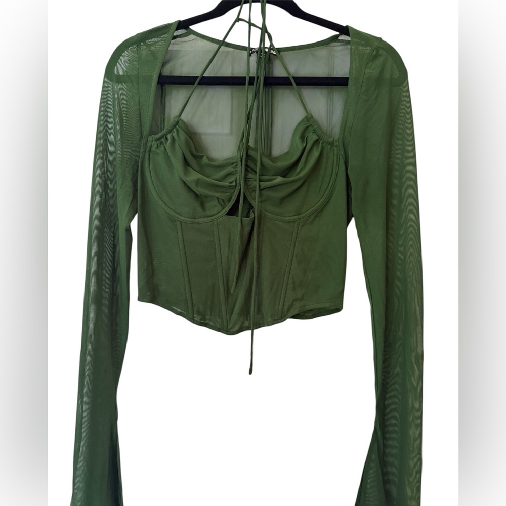 Fashion Nova Green Ruched Tie Front Long Sleeve Blouse